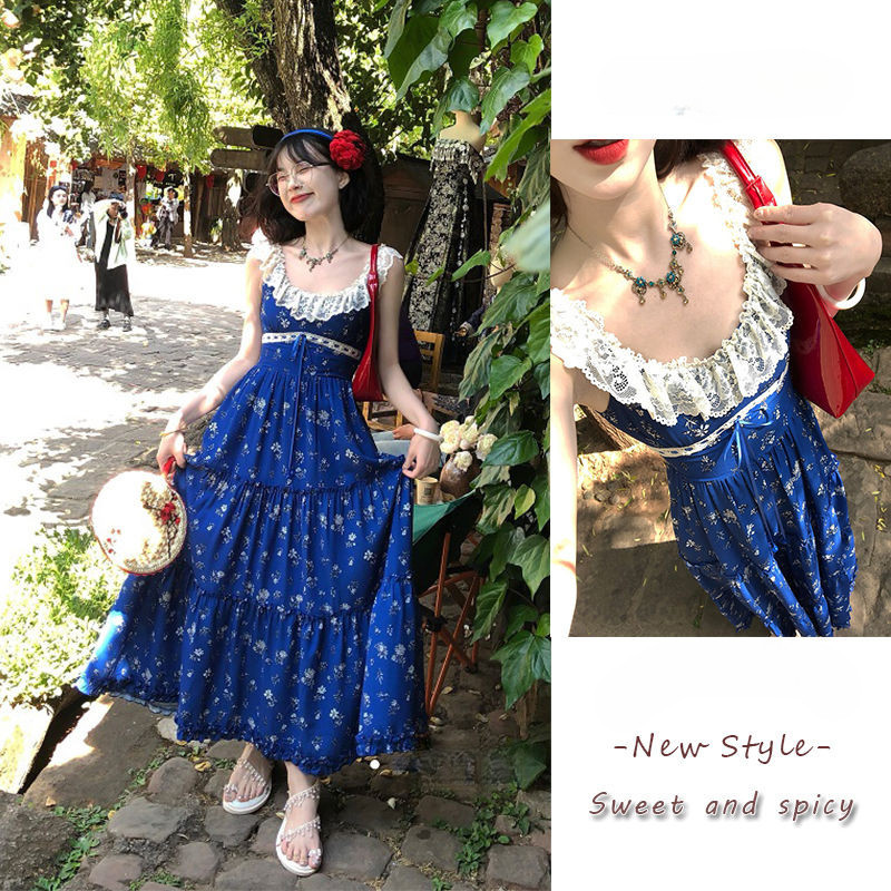 Jual 【Cream Winnie】Gaun tali ikat bunga jahitan renda biru rok panjang ...