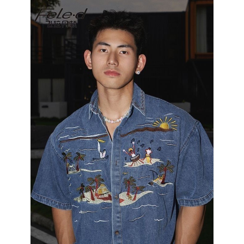 saferido 90s fashion men American-Style Retro Niche Stitching Denim Short-Sleeved Shirt Men's Shirt Junior Shirt Coat Women's Fashion