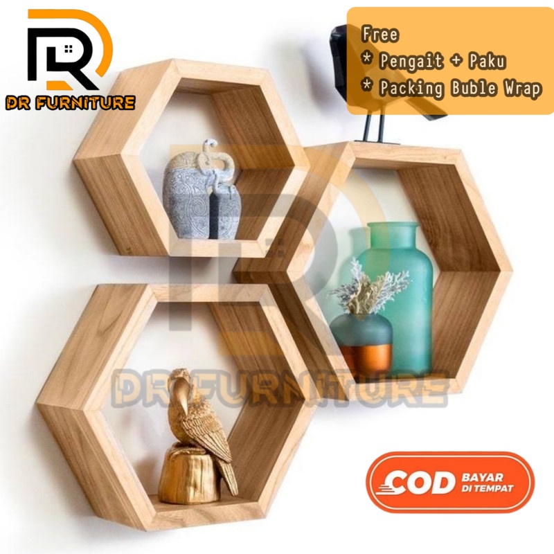 Jual Rak Tempel Dinding Segi Enam Kayu Hexagonal 1set Isi 3 Minimalis