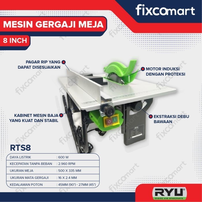 Jual Table Saw 8 Inch Ryu Rts 8 600W Mesin Gergaji Meja Circular Saw 8 ...