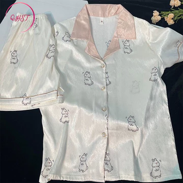 QHST Piyama Wanita Set Satin Bunga Tinta Hijau Pola Wanita Import Pajamas Wanita Baju Tidur