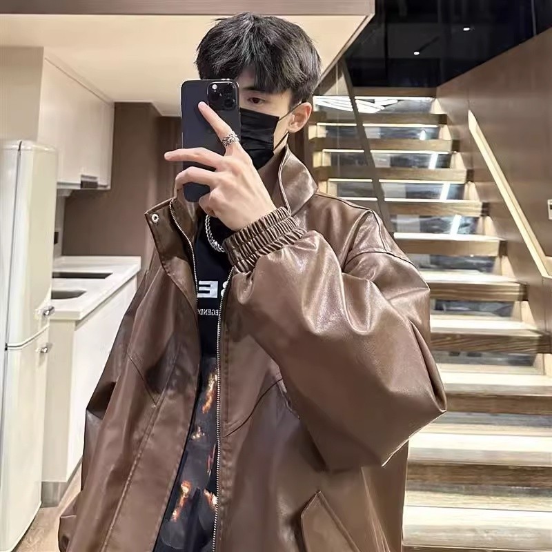 Jual leather jacket coat retro lather vintage pria shell jaket Couple Motorcycle Clothing Loose Personality Men and Women Leather Coat Shopee Indonesia