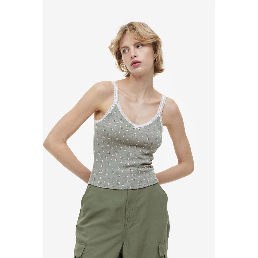 Lace-trimmed ribbed vest top