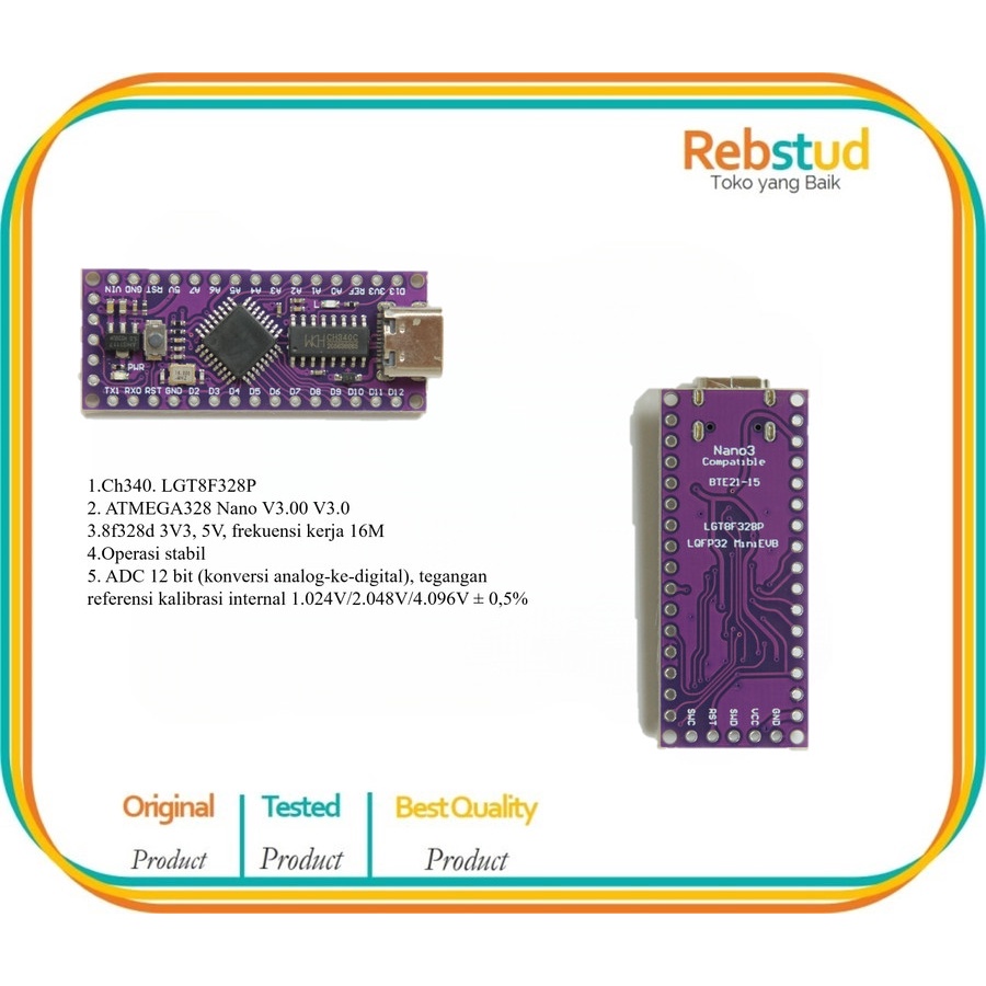 Jual Arduino Nano V3.0 LGT8F328P-LQFP32 MiniEVB TYPE-C Osilator Kristal ...