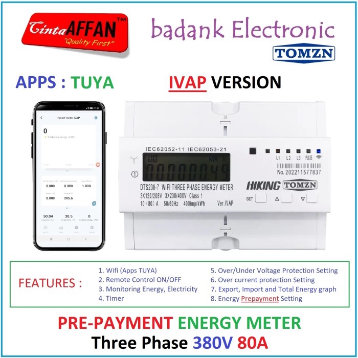 Jual 80A TUYA IVAP 3-Phase SMART Energy kWh Meter EXPORT-IMPORT Pre ...