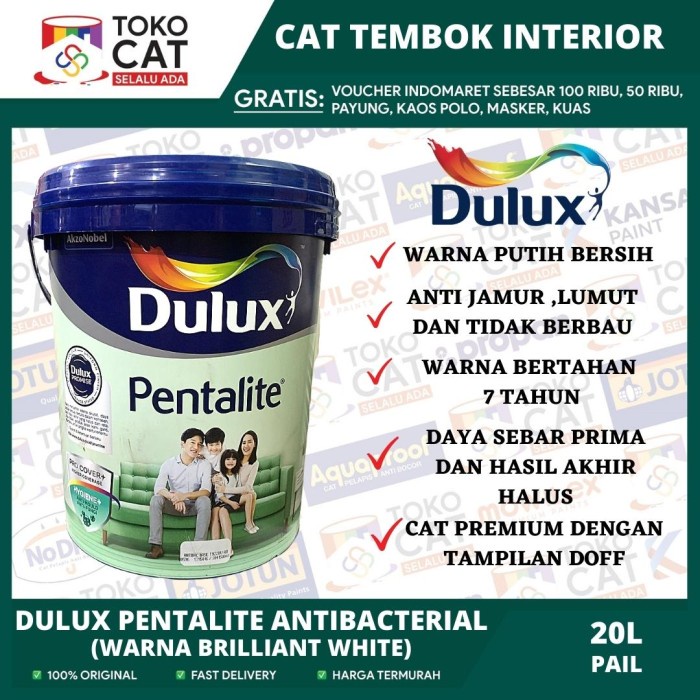 Jual Cat Tembok Dalam Dulux Pentalite Brilliant White 2290 20 Liter Pail Cat Tembok Interior 0840