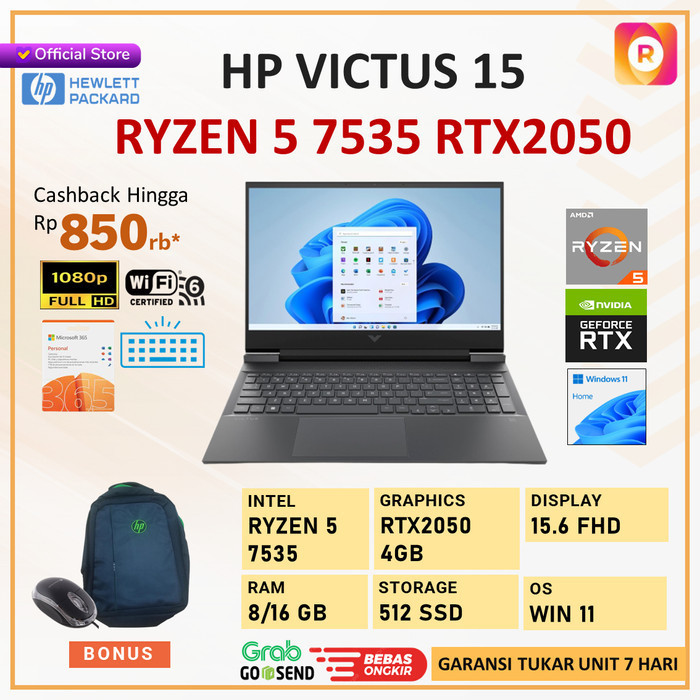 Jual Hp Victus 15 Ryzen 5 7535 Rtx2050 - 16Gb 512Gb Ssd W11 15.6
