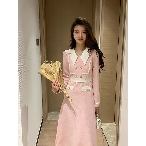 New Style High Grade Light Luxury Elegant Waist Slimming Pink Chanel Style Dress for Women