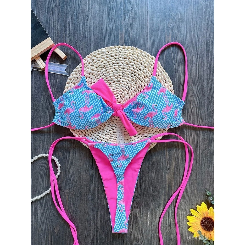 Jual Sexy Grid Flamingo Print Swimsuit Woman New Two-Piece swimwear Push up Thongs Bikinis Set ...