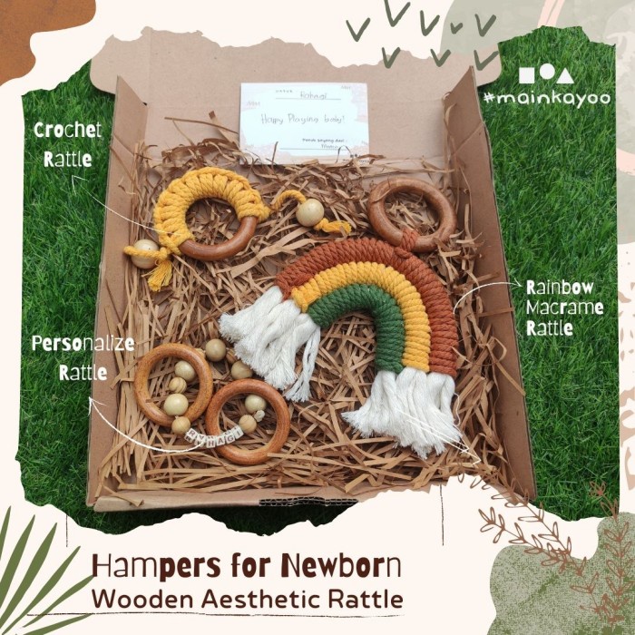 Jual QD836 Baby Newborn Hampers Gift - Aesthetic Wooden Rattle ...