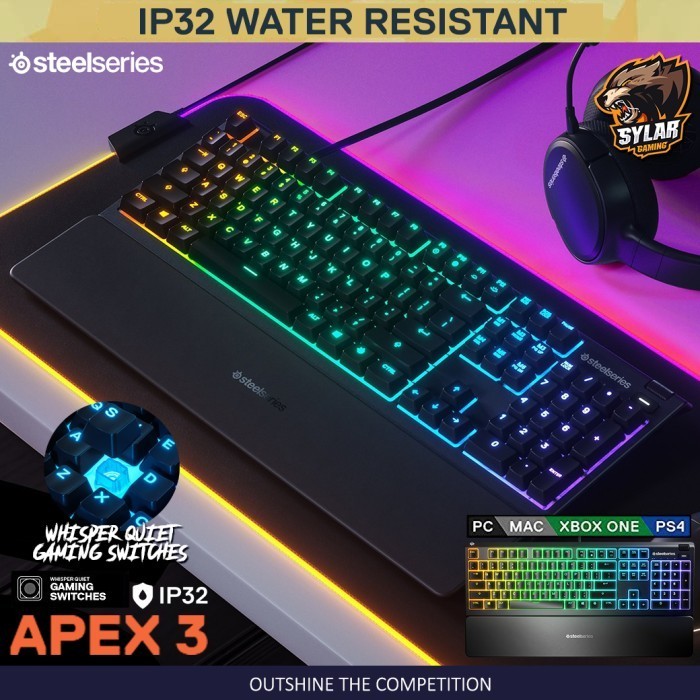Jual Steelseries Apex 3 Fullsize Whisper Quiet Switches Gaming Keyboard