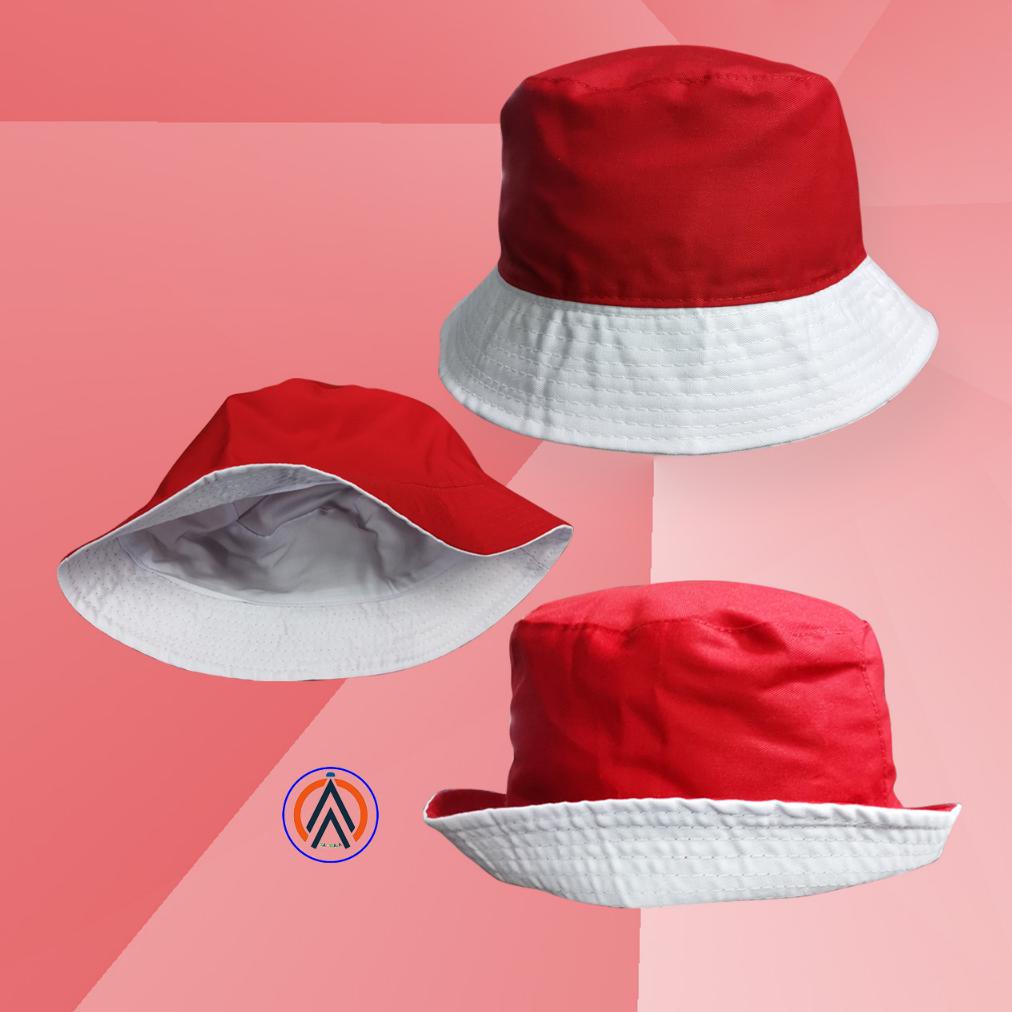 Jual Trending Topi Bucket Hat Merah Putih Polos Dewasa Bolak Balik