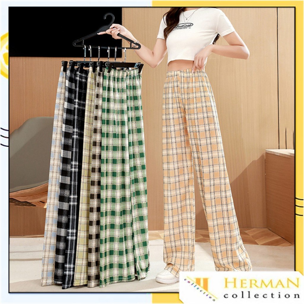 Jual Hc Celana Panjang Kulot Wanita Motif Kotak Kotak Celana Tartan Plaid Casual Long Pants