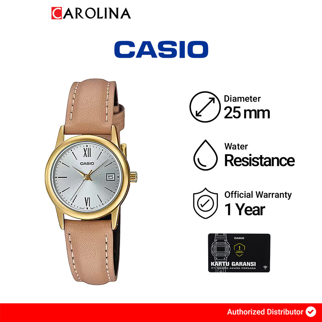 Jam Tangan Wanita CASIO LTP-V002GL-7B3 Silver Dial Biege Leather Band