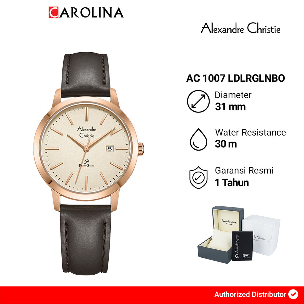Jam Tangan Wanita Alexandre Christie Primo AC 1007 LDLRGLNBO Gold Dial Brown Leather Strap