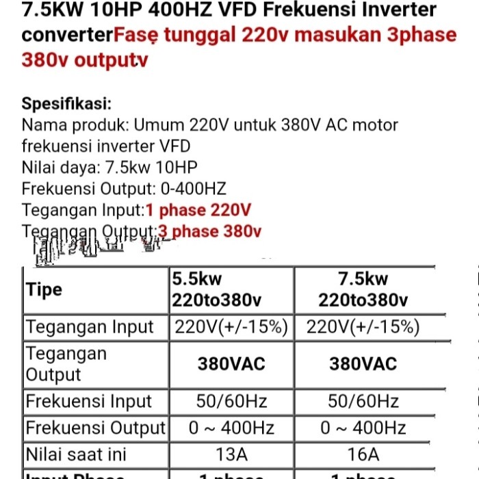 Jual Premium Inverter 5 5kw 7 5hp Input 220v 1 Phase Dan Output 380v 3 Phase Original Terbaru