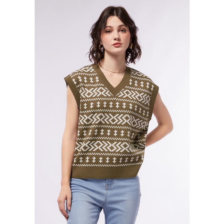 Jual Et Cetera V Neck Printed Knit Vest Olive Shopee Indonesia