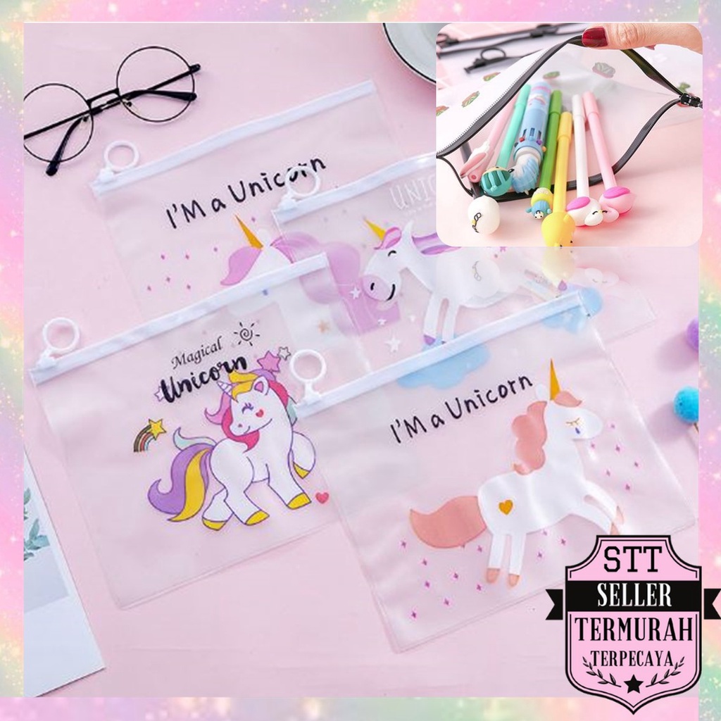 STT Pouch Zip Lock Kosmetik Transparan Motif Kaktus Tas Kosmetik Karakter Unicorn ZipLock Plastik Zipper Lock Alat Tulis ATK Murah
