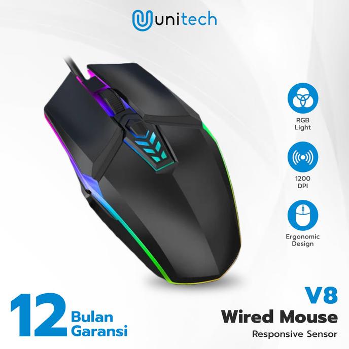 Jual New Mouse Gaming Kabel Usb Unitech V8 1200Dpi Dengan 7 Lampu Led ...