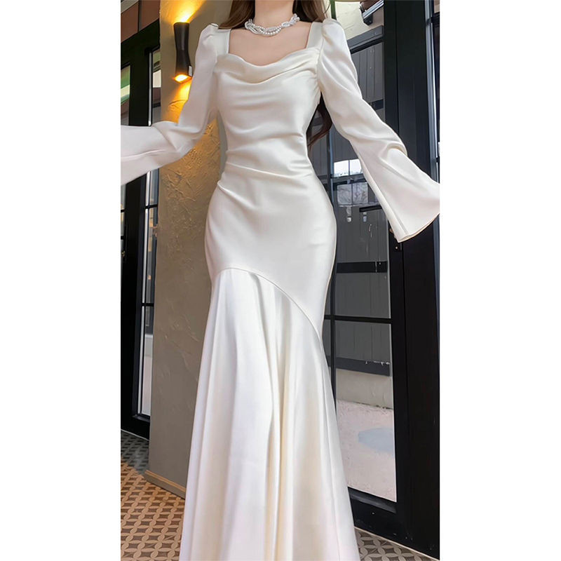 Jual French Style Long Sleeve Fishtail Dress Host Dress Fashion White