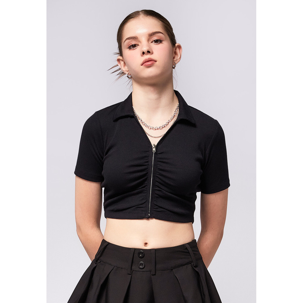 Jual COLORBOX Ruched Polo Crop Top Black | Shopee Indonesia