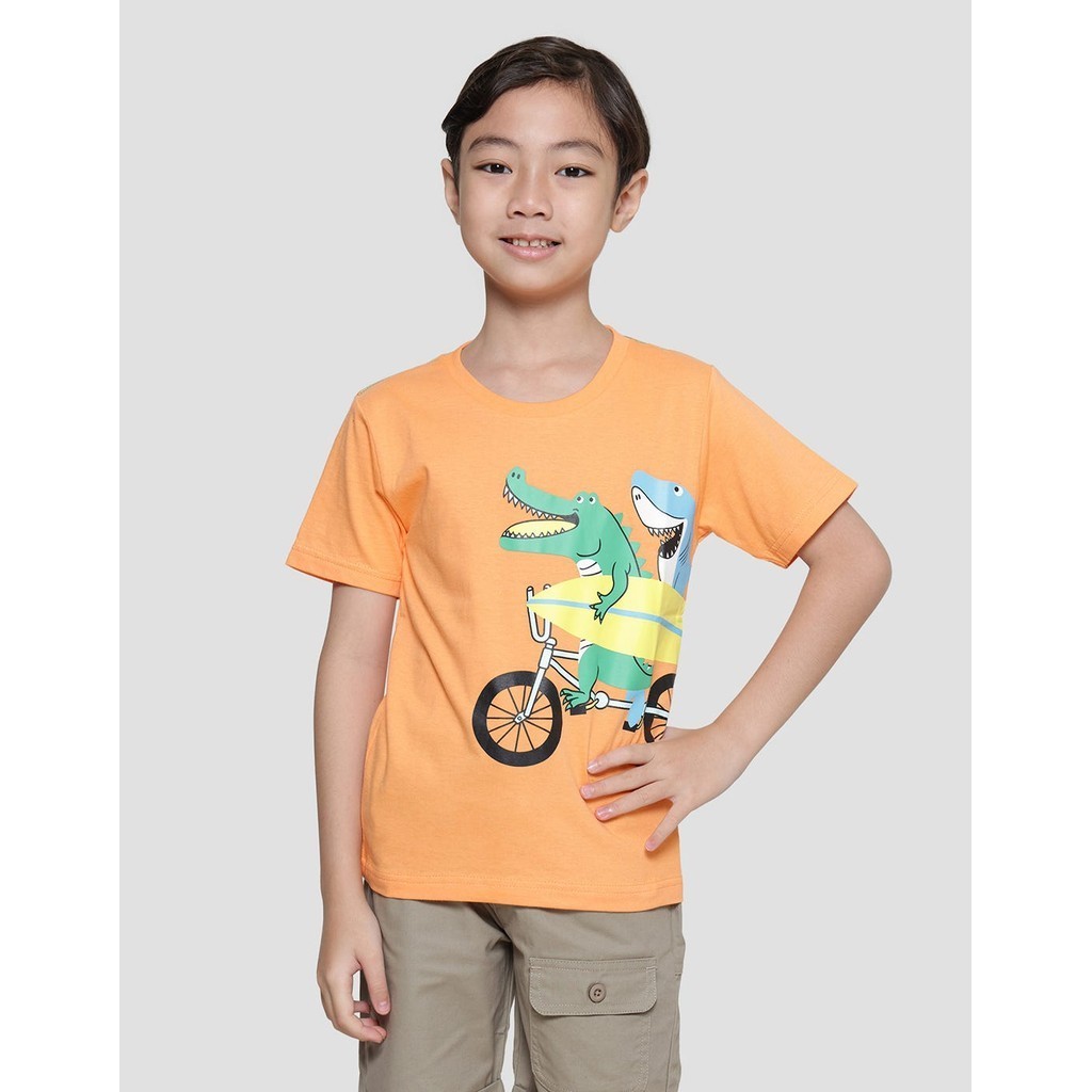 Little M Stripe Dino Aplikasi Kaos Kerah Anak Laki-Laki