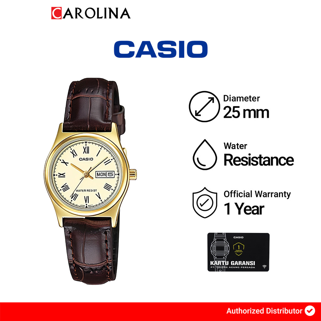 Jam Tangan Wanita Casio General LTP-V006GL-9B Analog Gold Dial Brown Leather Band