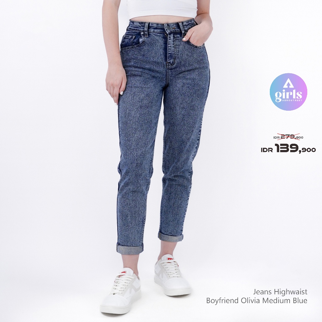 Jual Aerostreet Jeans Highwaist Boyfriend Olivia Medium Blue 1F000