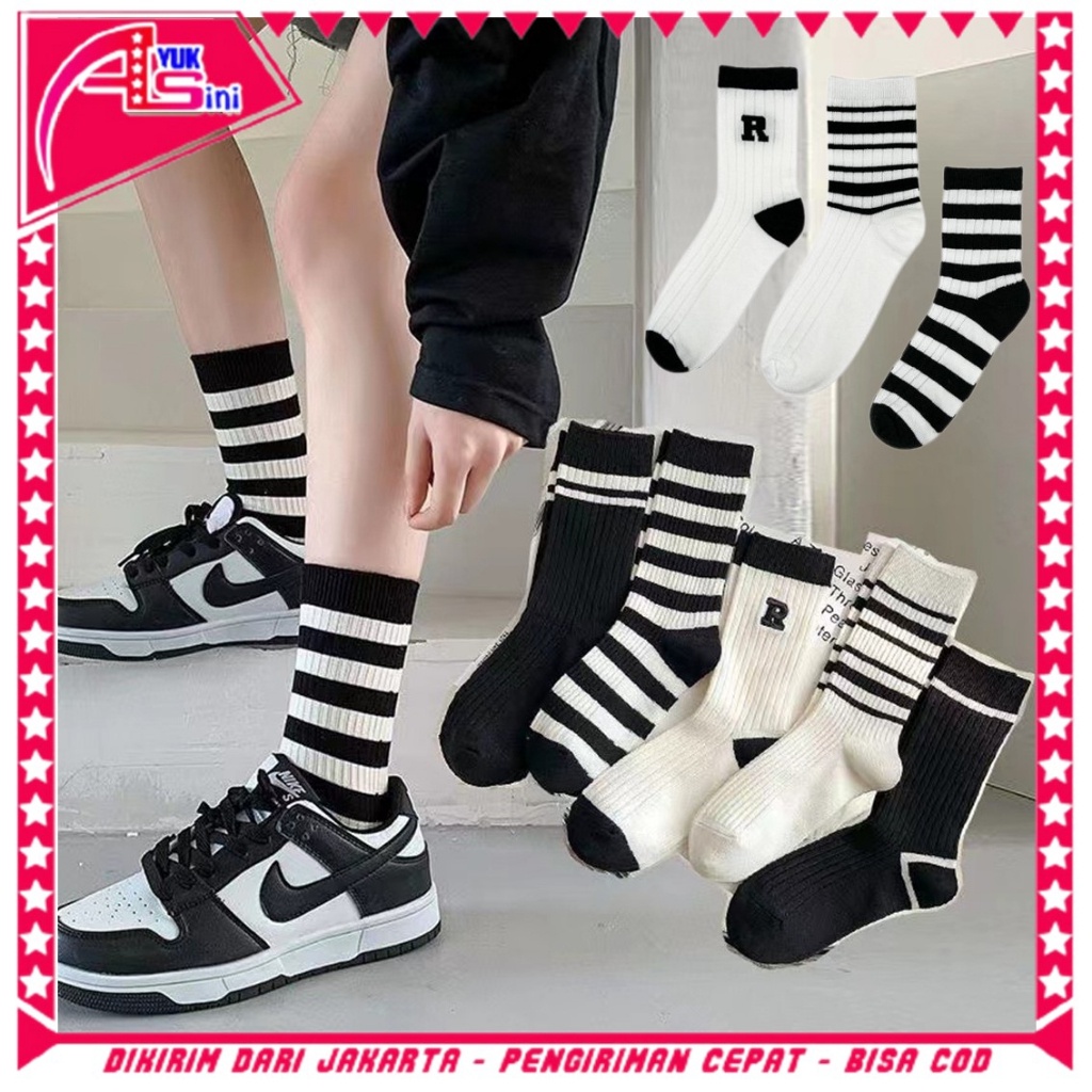 Jual AS Kaos kaki panjang Letter R 6756 strip garis hitam putih kaos ...