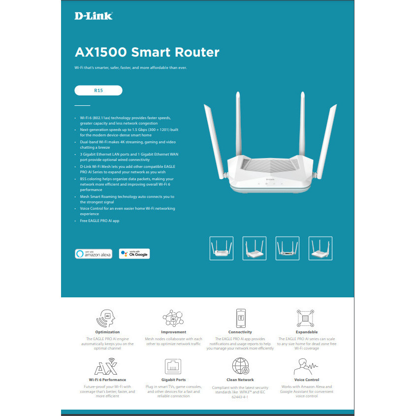 Jual D-Link R15 Eagle Pro Ai Wifi-6 Ax1500 Gigabyte Smart Mesh Router ...