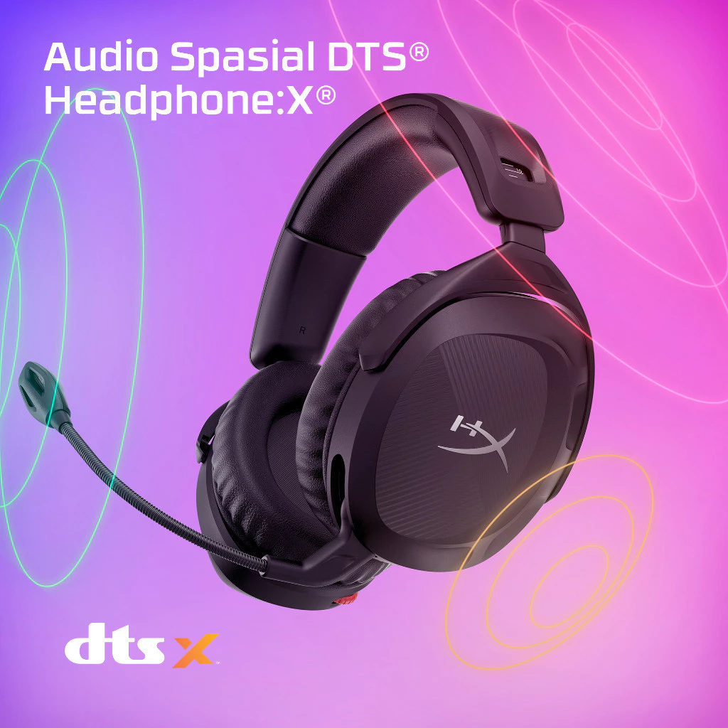 HyperX Headset Gaming Cloud Stinger 2 Wireless - Black Noise Cancelling Spatial Audio Rotatable Leather Stereo Bass Android iOS