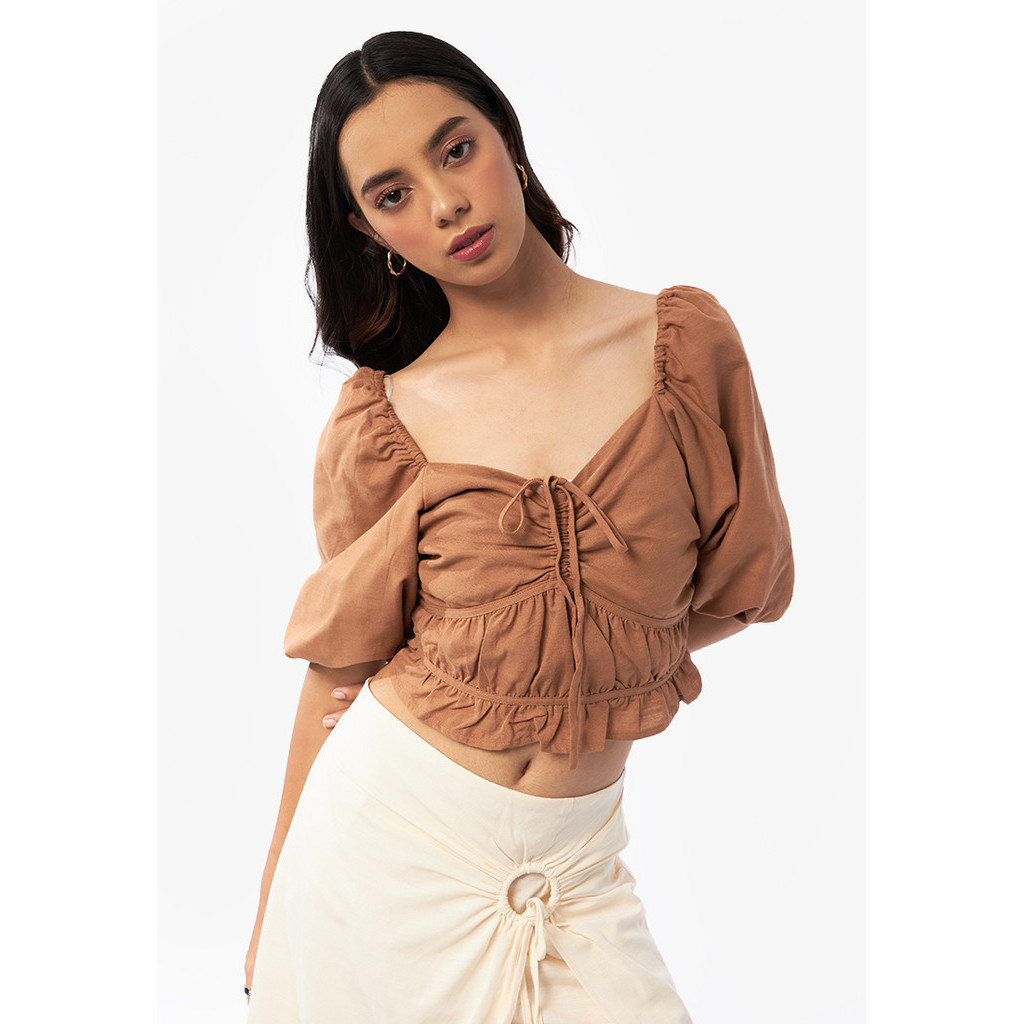 Choco Milk Puff Sleeve Crop Top