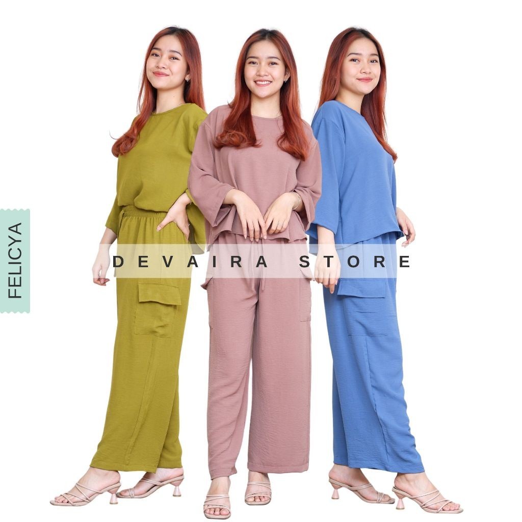 Jual Felicya Cargo One Set Crinkle Airflow Setelan Wanita Dewasa Celana Panjang Kekinian