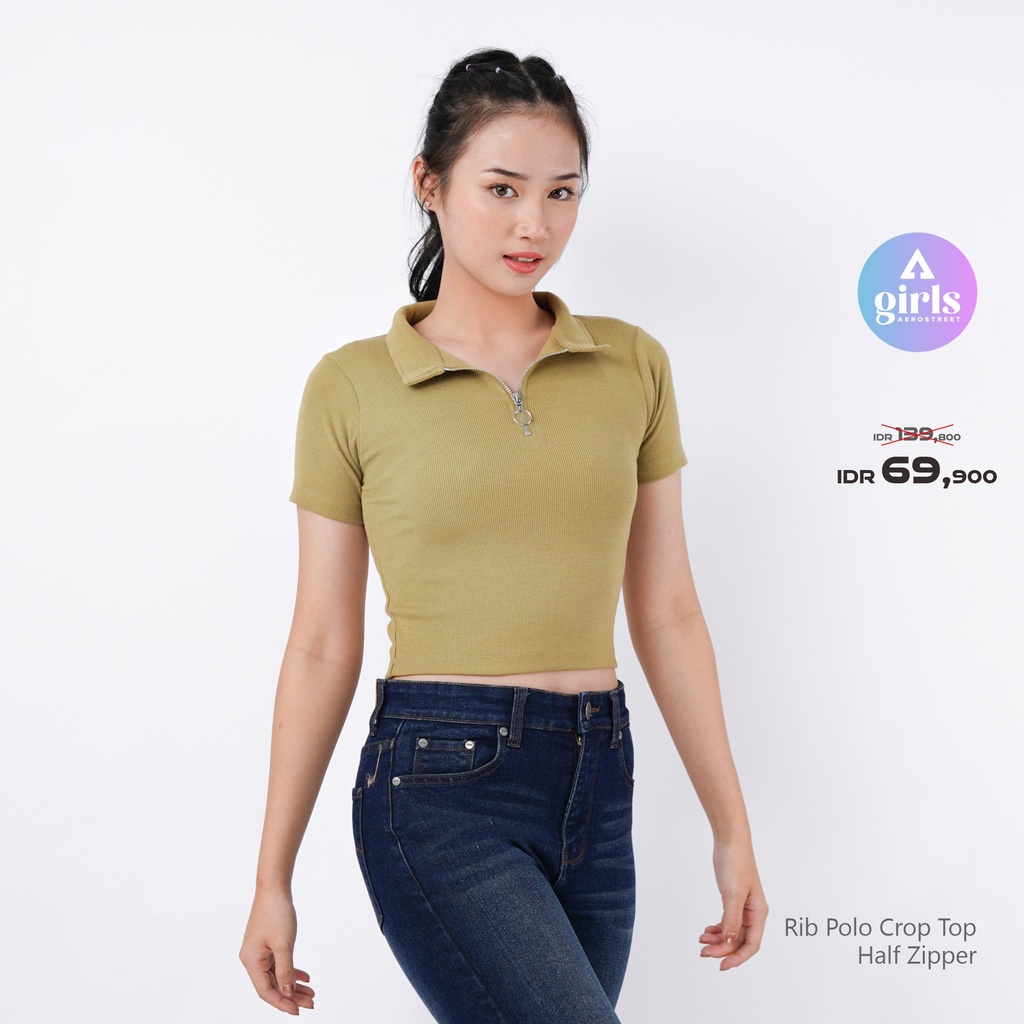Jual Aerostreet Knit Rib Polo Crop Top Half Zipper Clarissa Matcha ...