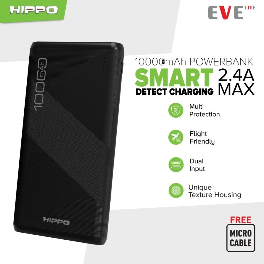Hippo PowerBank Eve Lite+ 10000mAh Smart Detect Charging Power Bank SDC 2 USB Ports Type C iPhone Micro Output
