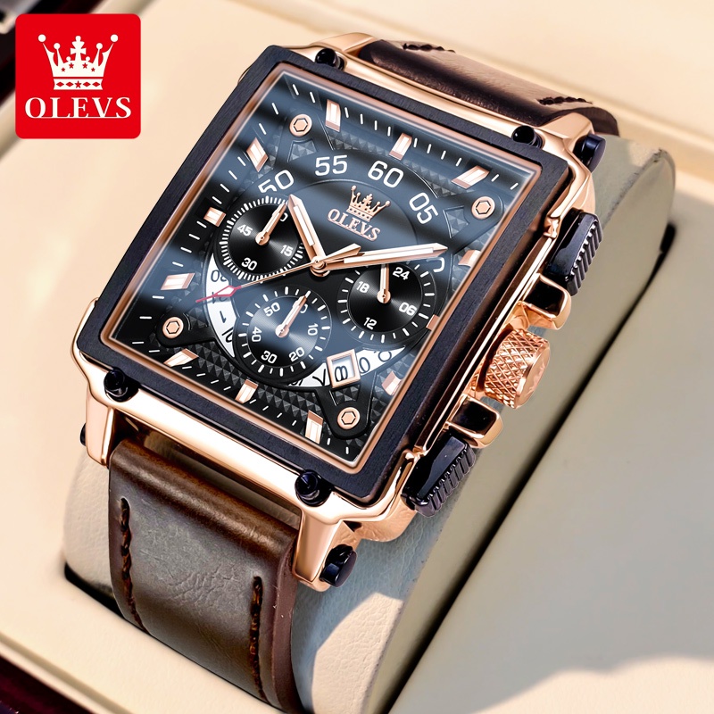 OLEVS Jam Tangan Pria Original Anti Air Kulit Tahan Keren Led Hitam Coklat  Square Chronograph Watch Men Leather With Date COD