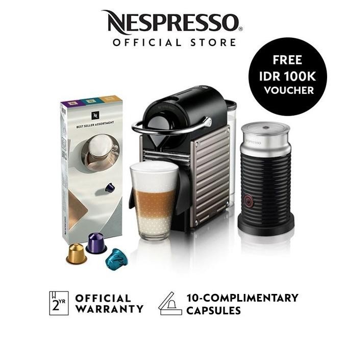 Jual Nespresso Pixie Coffee Machine Titanium + Aeroccino + 30 Capsules