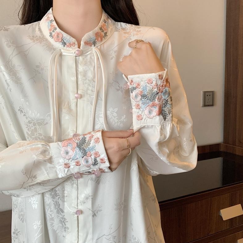 Jual Chinese Knot Button Shirt Women's Spring Vintage Stand Collar ...
