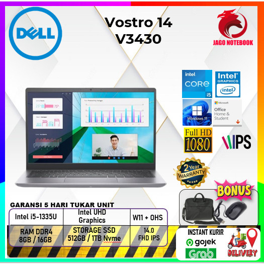 Jual Dell Vostro 14 V3430 Core I5 1335u 16GB 512 SSD FHD W11 OHS