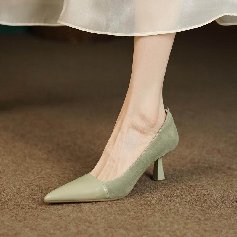 Jual French Style Pointed-Toe Fashion Stitching Low-Cut Stiletto