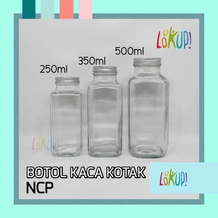 Jual Botol Kaca Segi Kotak Tutup Stainless Aluminium 250ML Minuman Susu ...