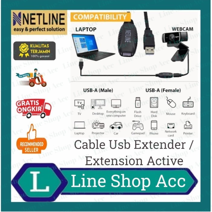 Jual Bagus Usb 2.0 Extension Active 20 Meter Netline / Kabel Extender ...