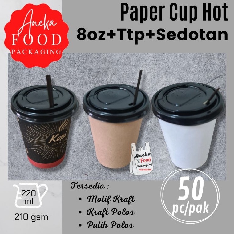 Jual ☇ 50pc Gelas Kertas Kopi Polos Kraft Motif 8oz 220mltutupsedotan Stirer Super Sale 1112