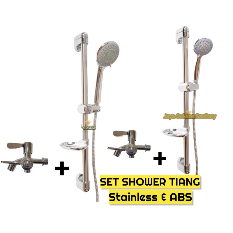 Jual Hand Shower Tiang Set Bonus Kran Double Cabang / Standing Pancuran Kamar Mandi Semprotan