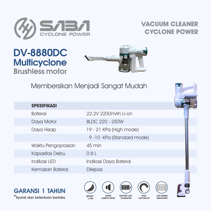 Jual Saba Smart Living Cordless Vacuum Cleaner Multicylclone DV8880DC+UV Shopee Indonesia