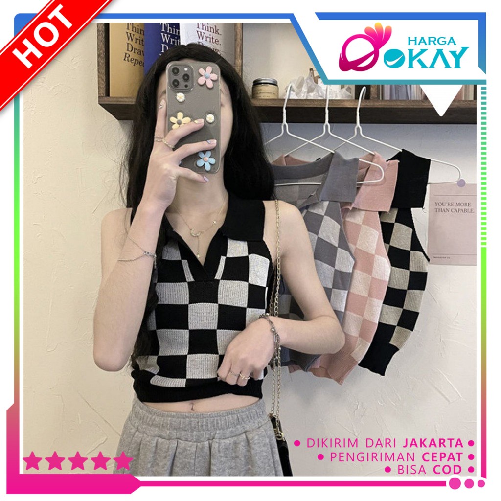 Jual HO Vest Crop Top Rompi Rajut Korea V Neck Bahan Melar Dengan Kerah ...