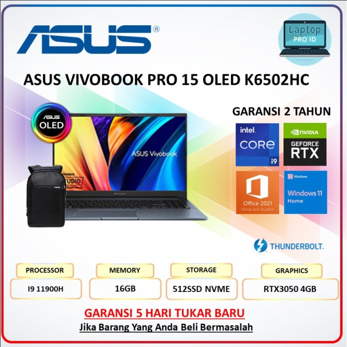 Jual ASUS VIVOBOOK PRO 15 OLED K6502HC RTX3050 I9 11900 16GB 512SSD W11 ...