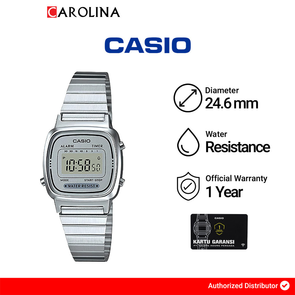 Jam Tangan Wanita Casio LA670WA-7D Digital Dial Silver Stainless Steel Band