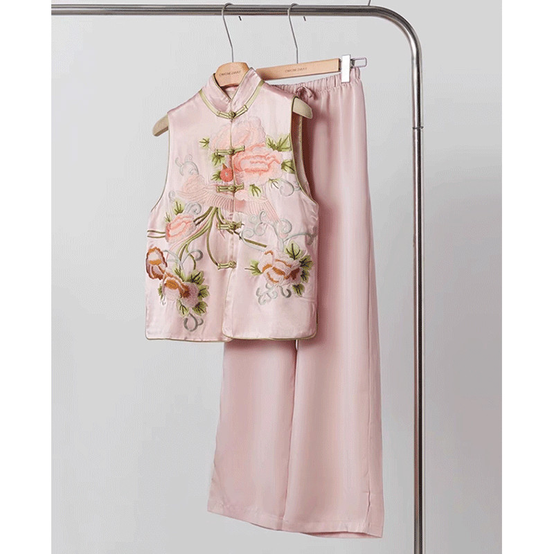 Jual New Chinese Style Pink Frog Button Floral Print Waistcoat Vest