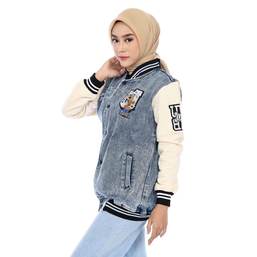 Jual Jaket Varsity Pria Wanita Varsity Denim Bear A259 | Shopee Indonesia